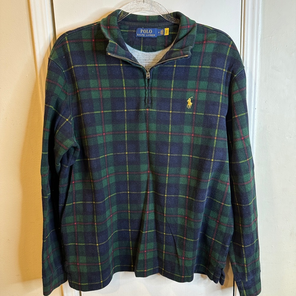 Polo Ralph Lauren Mens Green Navy Plaid Quarter Zip Cotton Pullover Sweater M